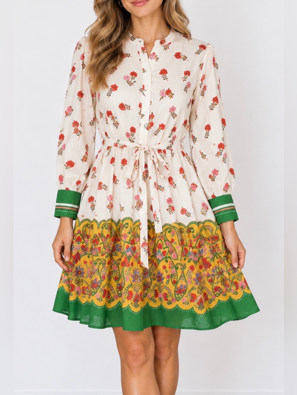 Banjanan Floral Paisley Border Print Cotton Shirt Dress Size Medium